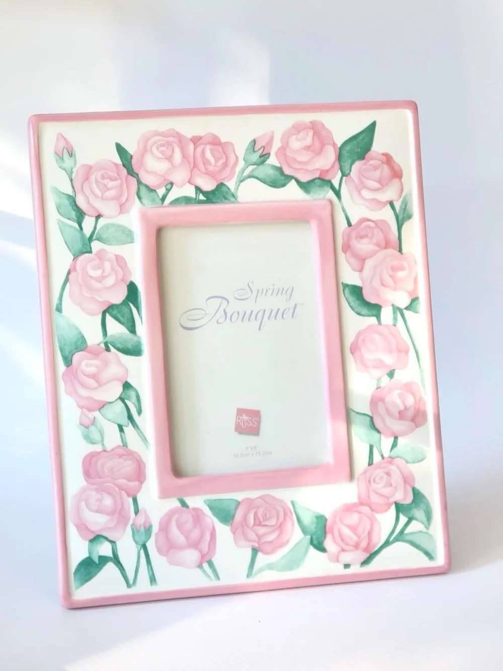 Vintage Russ Spring Bouquet Ceramic Rose Picture Frame Pink Floral 4x6